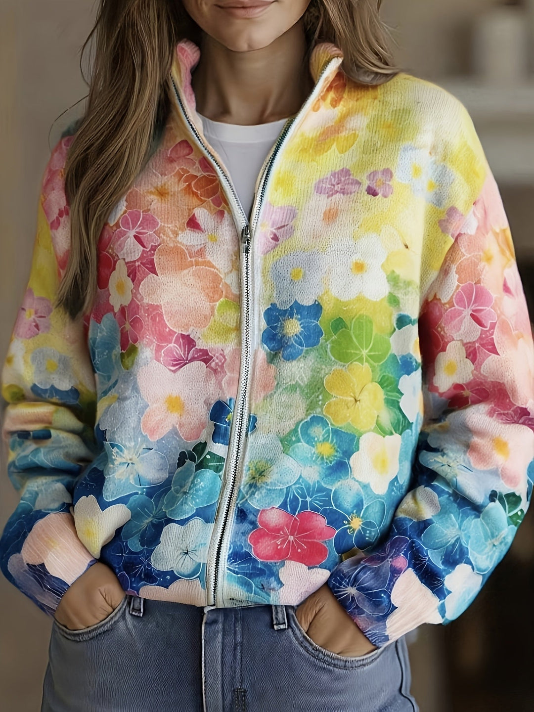 Carmela™ | Cardigan Zip Ombre Floreale Acquerello